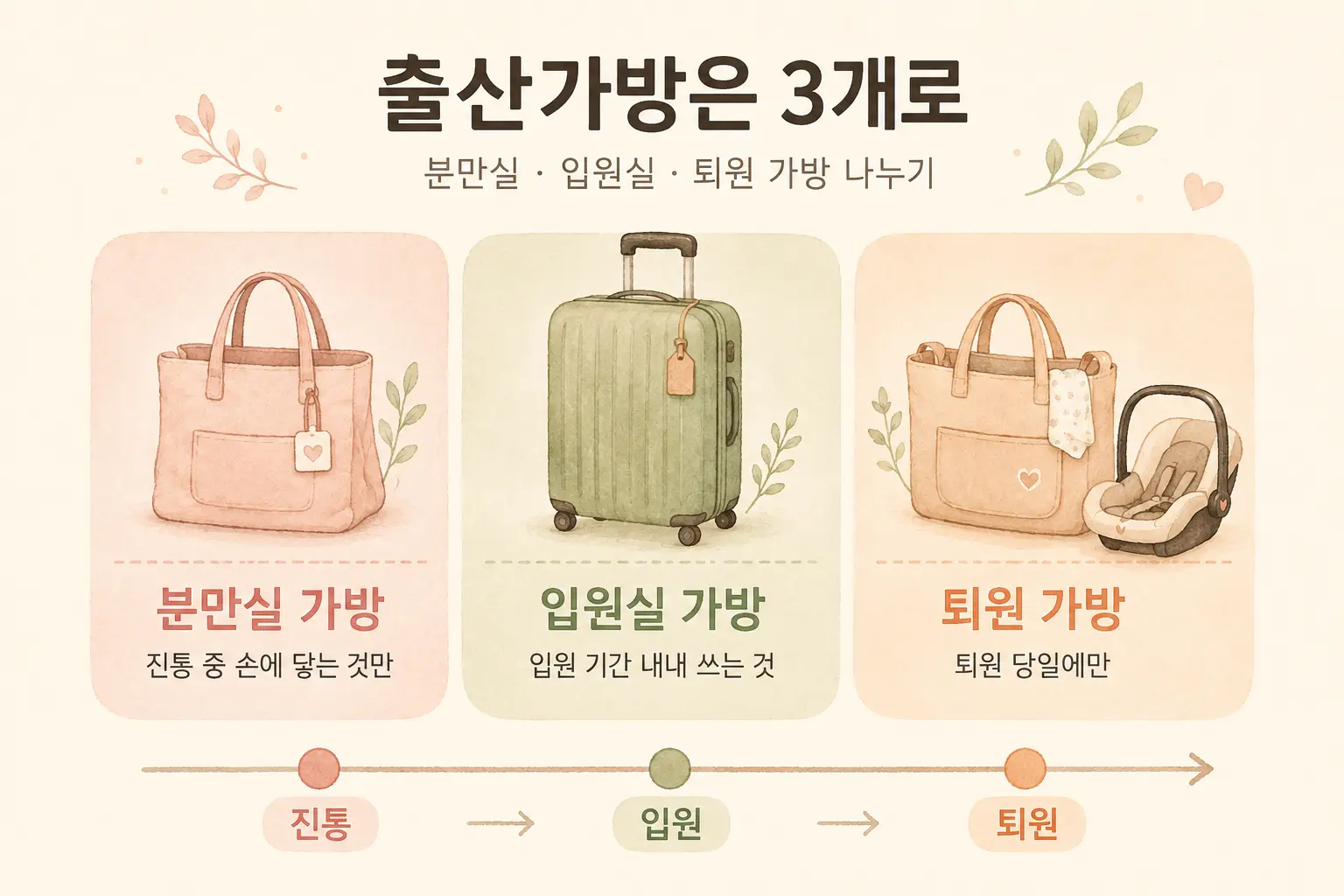 출산가방 3분할 인포그래픽 — 분만실 가방(진통 중 손에 닿는 것만), 입원실 가방(입원 기간 내내), 퇴원 가방(퇴원 당일 + 카시트)으로 나눈 구성 (AI 생성 이미지)