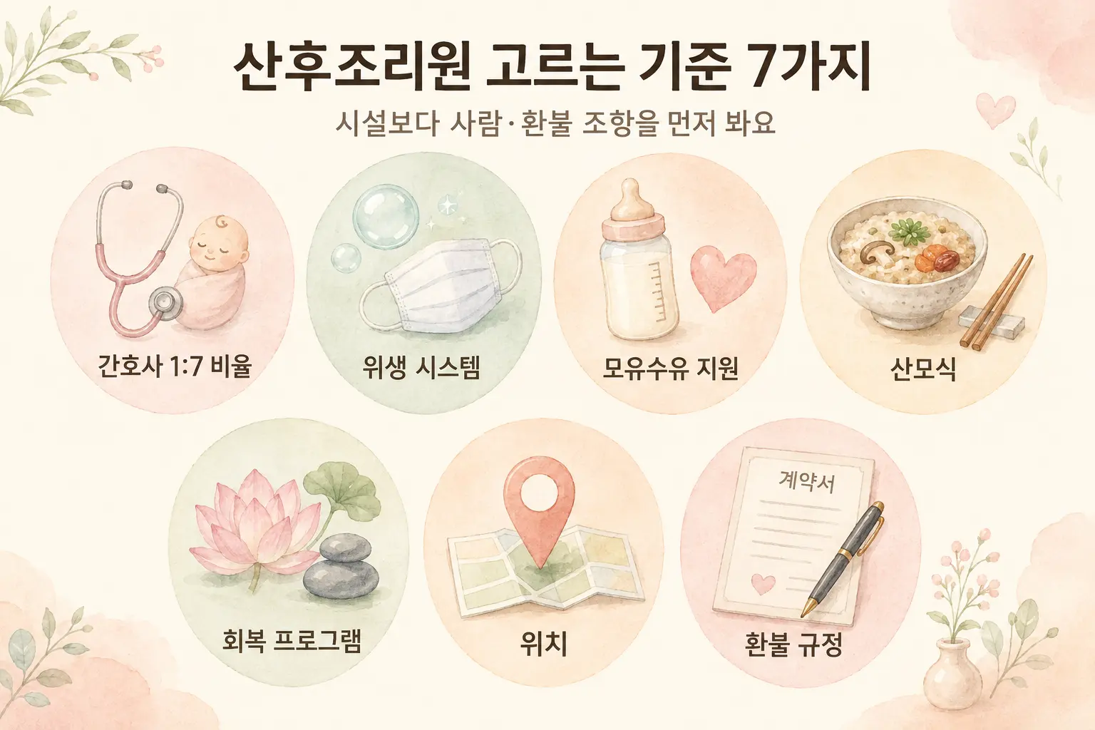 산후조리원 비교 기준 7가지 핵심 요약 인포그래픽 (AI 생성 이미지)