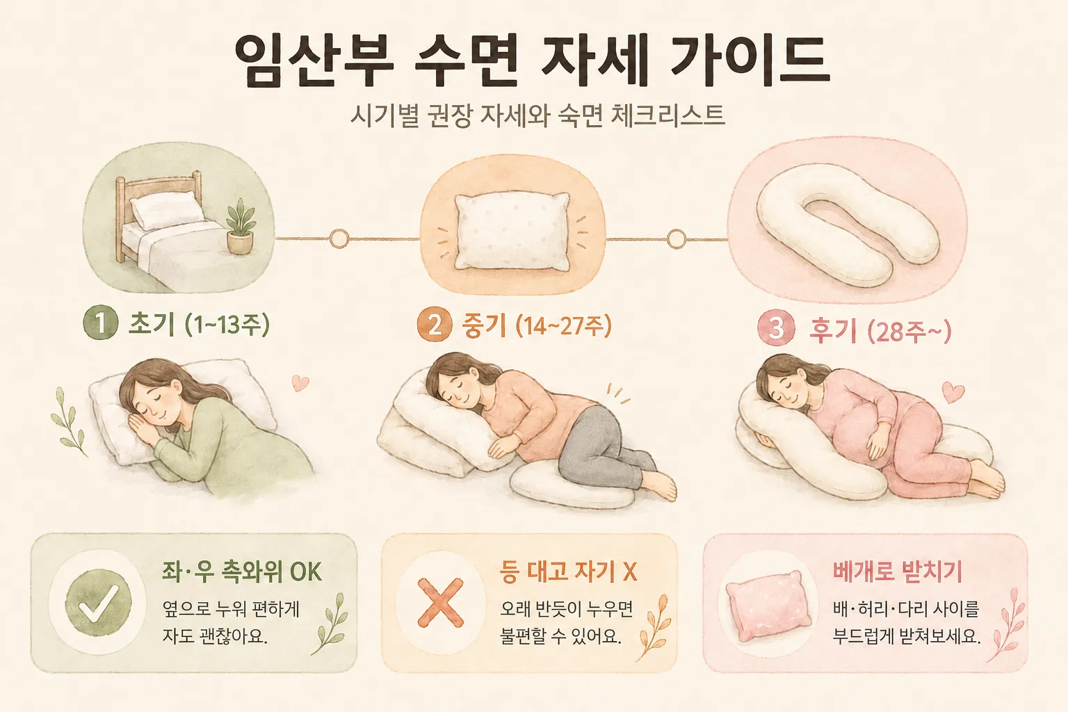 임산부 수면 자세 가이드 인포그래픽 — 초기·중기·후기 권장 자세 (AI 생성 이미지)